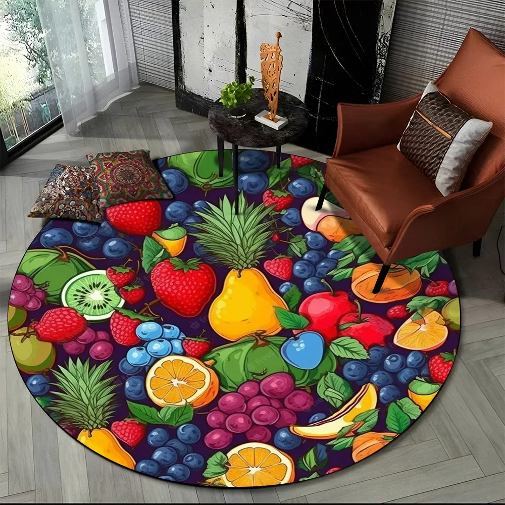 3D Cute Tropical Fruits Cartoon HD Round Carpet Rug for Living Room Bedroom Child Playroom Decor Pet Area Non-slip Floor Mat