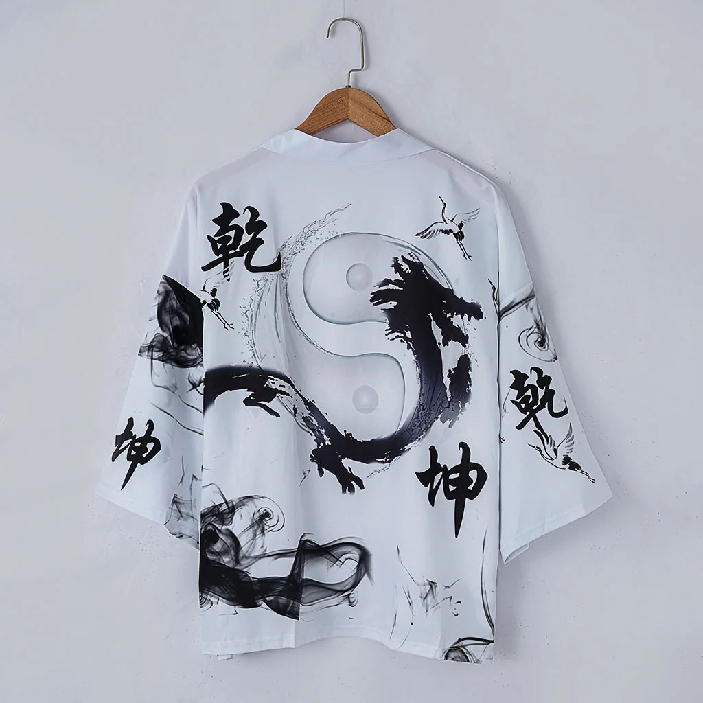 Chinese Style Men Kimono Robe Casual Jacket Print Crane Letter Shirt Coat Loungewear M-XXL Bathrobe Underwear Summer Home Wear