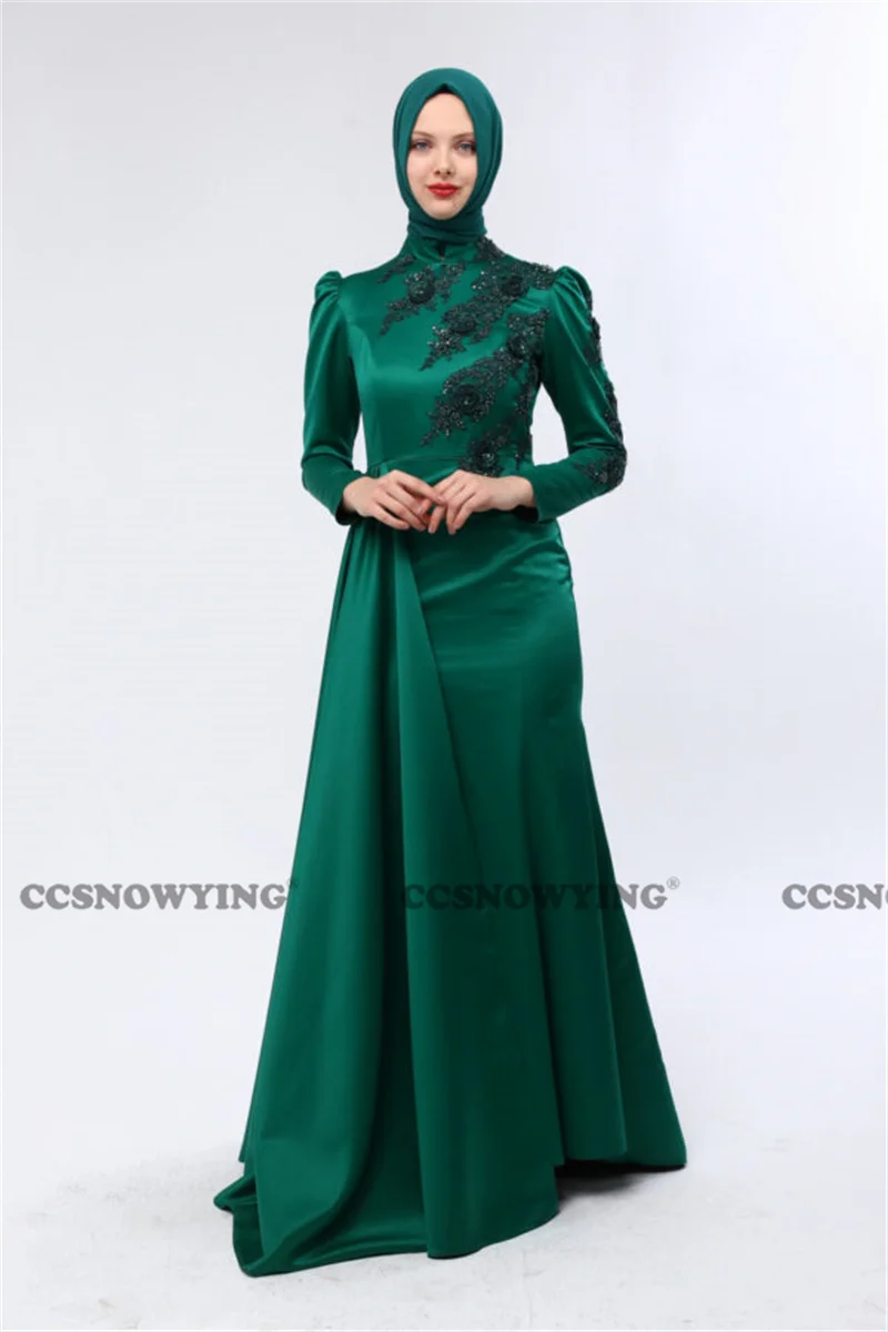 

Green Satin Appliques Muslim Evening Dress High Neck Long Sleeve Hijab Prom Formal Party Gown Arabic Dubai Moroccan Caftan