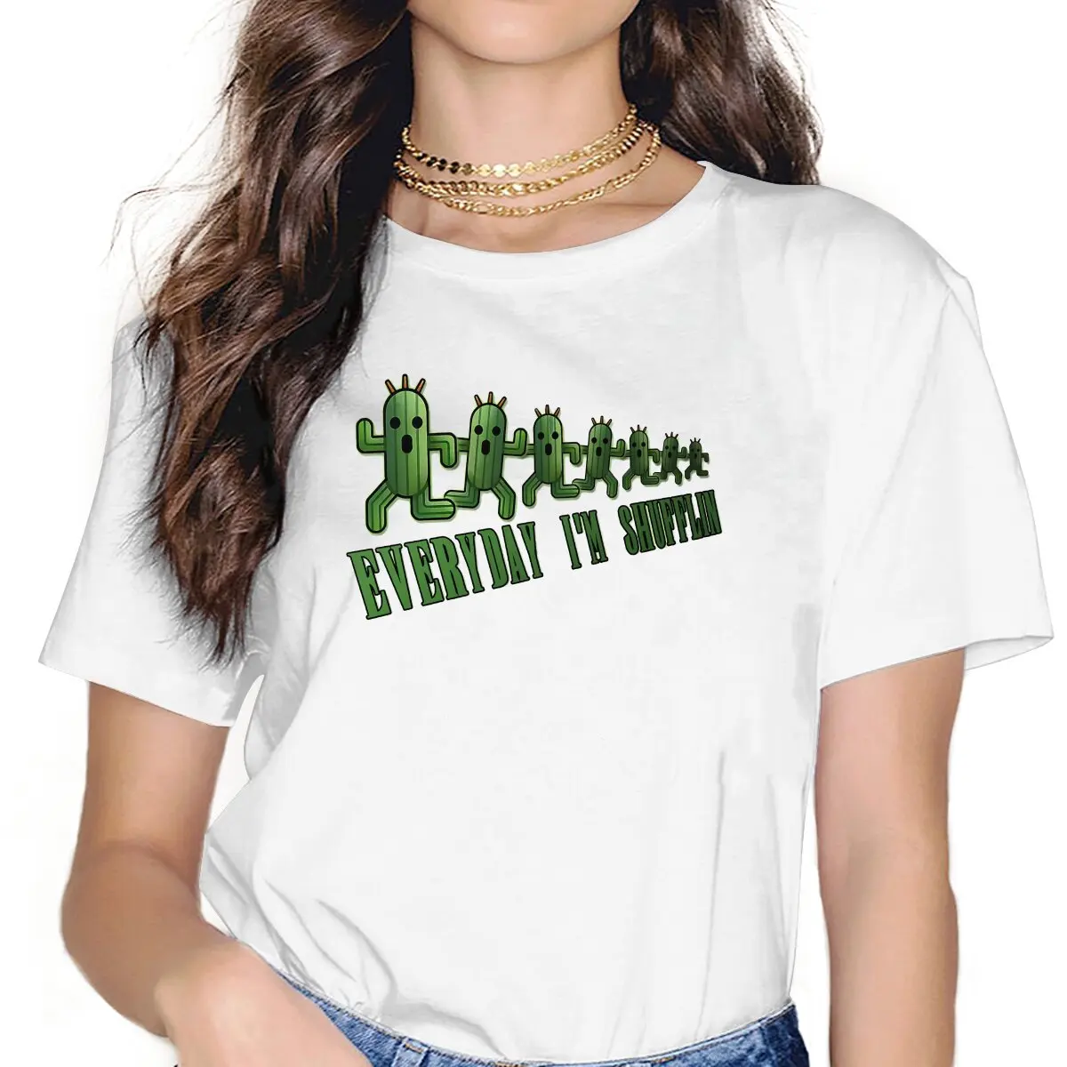 

Shufflin Cactuars Women's TShirt Final Fantasy XIV Game Girls Y2k Basic Tees O-neck Polyester Female T Shirt Humor Gift