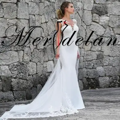

Merdelan Mermaid Wedding Dresses Jewel Neck Court Train Lace Romantic See-through Illusion Sleeve With Embroidery