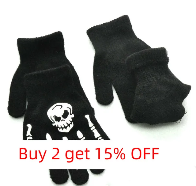 Knitting Gloves for Children 5-12 Years Old Light in the Dark Luminous Human Skeleton Head Ghostcrawler Print Fingers Gloves New 5