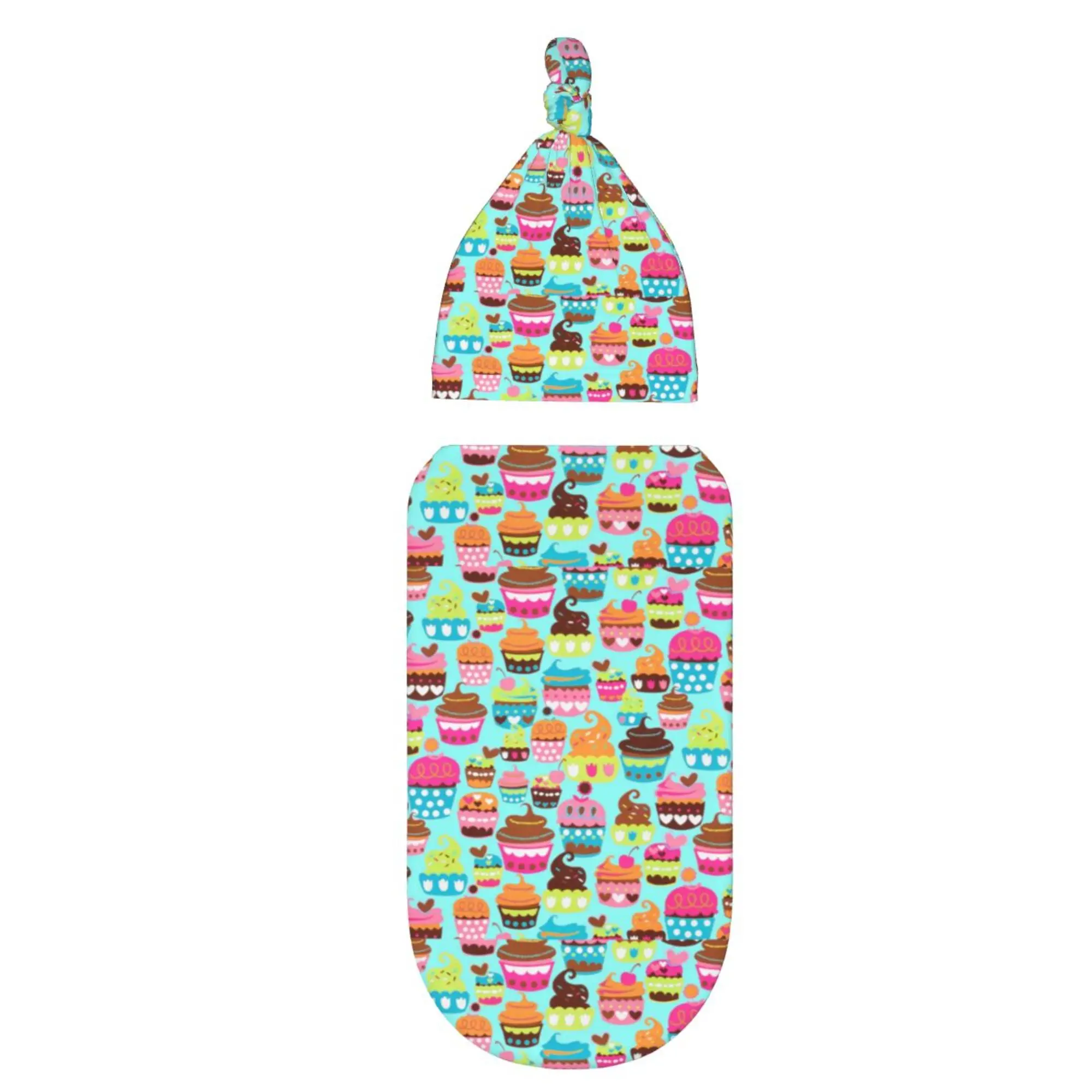 

Turquoise Sweet Cupcake Compression Baby Swaddle Blanket with Hat Set Baby Girl Boy Easy Adjustable Infant Sleep Sack Wrap