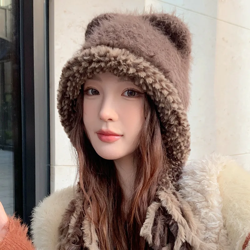 Осень и зима Новая плюшевая вязаная шапка с кошачьими ушками двойным хвостом.