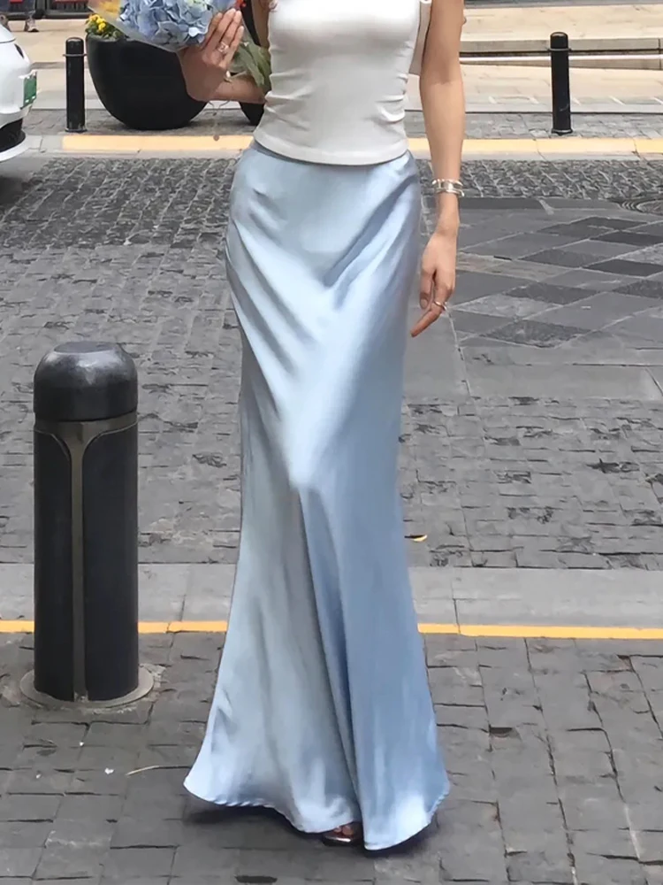 Blue Silky Satin High Waist Fishtail Skirt for Women Summer New High-Grade Drape Mid-Length Elegant A- line
