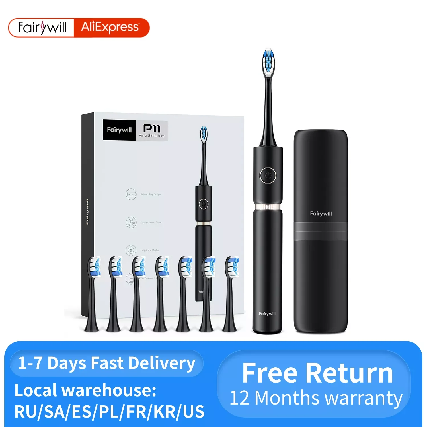 Fairywill P11 Sonic Whitening Electric Toothbrush Rechargeable USB Charger Ultra Powerful Waterproof 4 Heads and 1 Travel Case enlarge