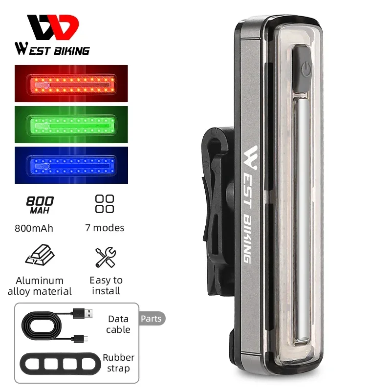 

WEST BIKING Colorful Bicycle Tail Light Aluminum Alloy USB Rechargeable LED Light Bar Portable Helmet Rear Light Bike Accessorie