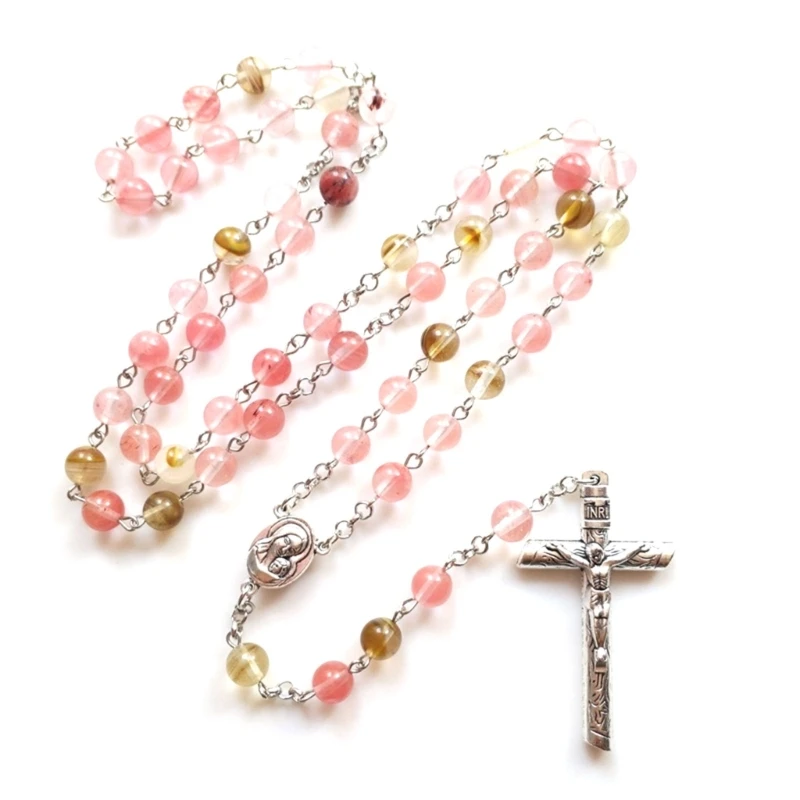 

Natural Stone Beads Rosary Necklace Catholic Pendant Necklaces for Women