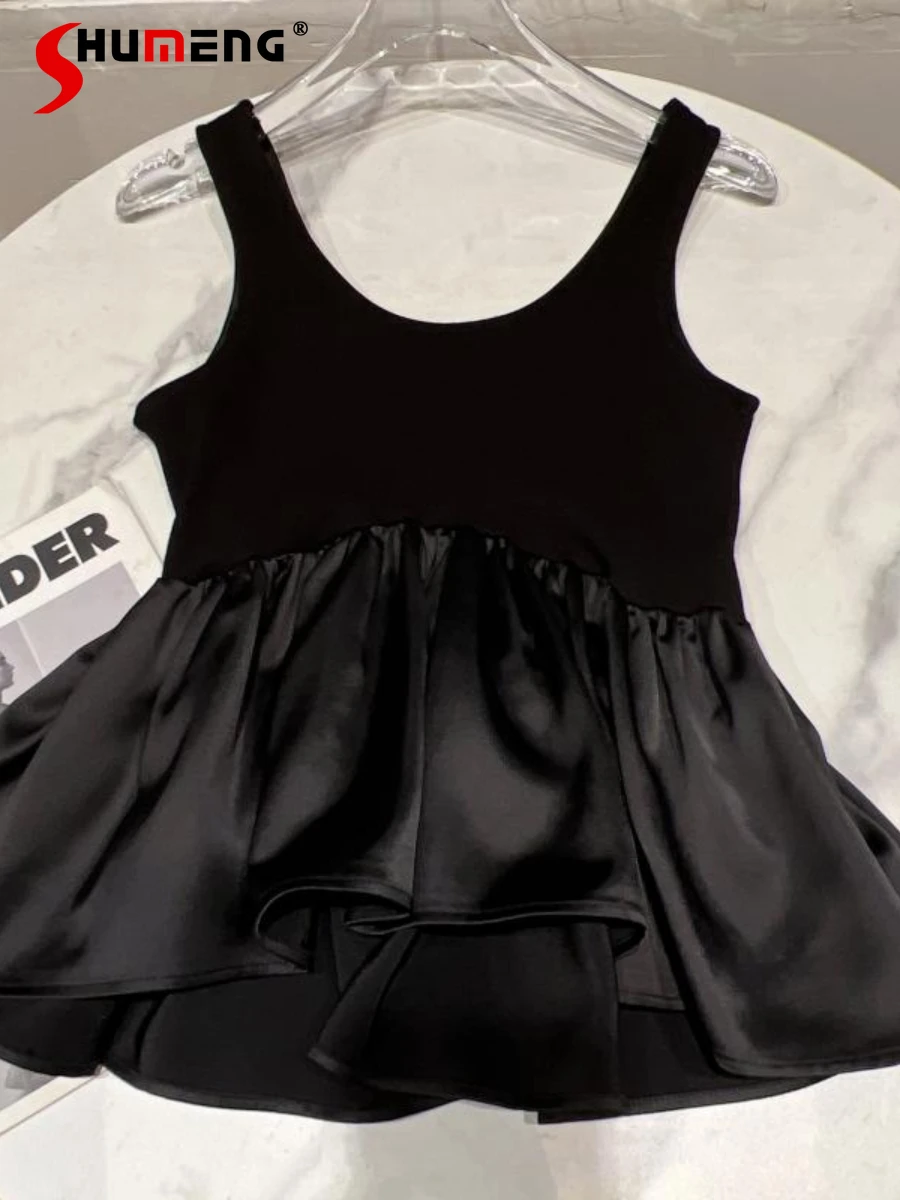 

2022 Summer New Ladies Hem Pleated Stitching Suspender Vest for Women Outer Wear Black Slimming Sleeveless Clothing Tank Top