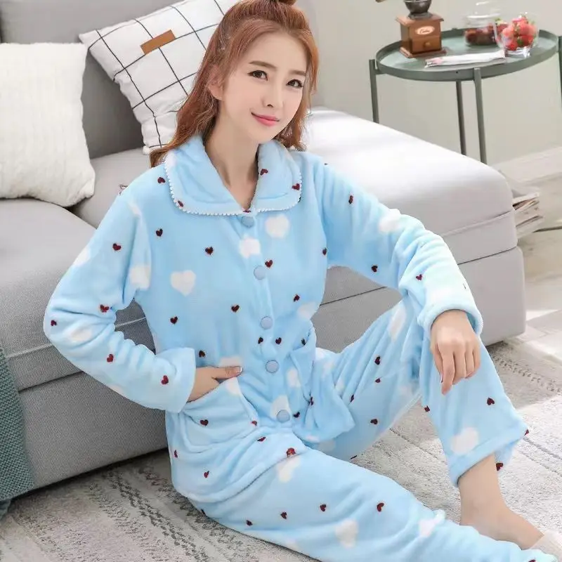 Coral Velvet Pajamas for Women In Autumn and Winter, Thickened, Warm, Long Sleeved, Cartoon, Love, Bear, Flannel Housewear Suit