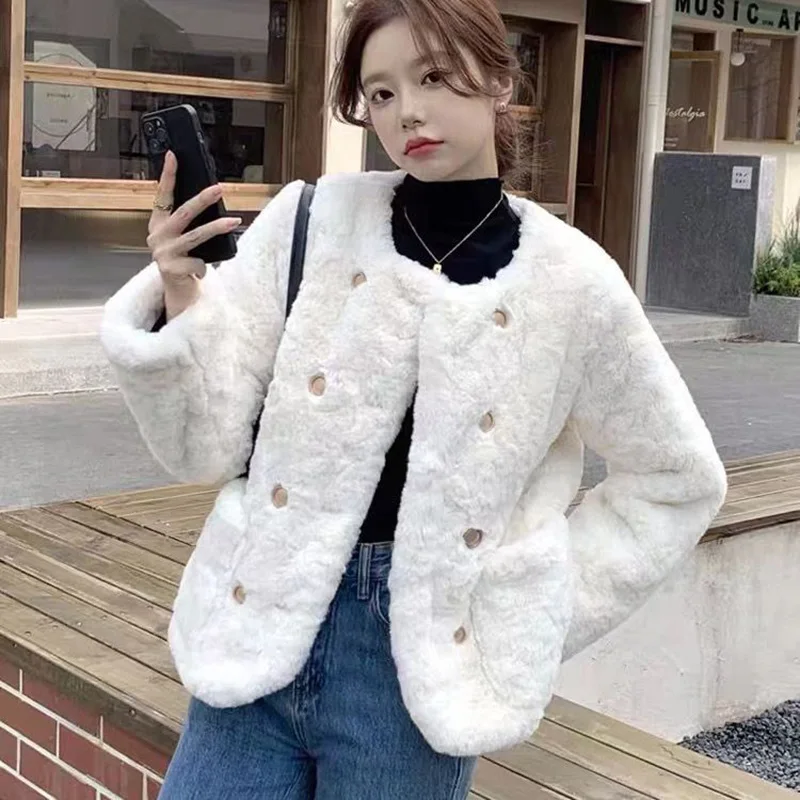 

Eleganty Round Neck Soft Faux Fur Coat Women 2023 Korean Long Sleeve Plush Jacket Woman Thick Warm Faux Lamb Wool Coats Female