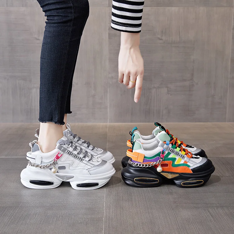 Autuspin 5cm Sports Shoes for Women Spring Summer Retro Thick Bottom Genuine Leather Ladies Sneakers Woman Casual Mixed Colors