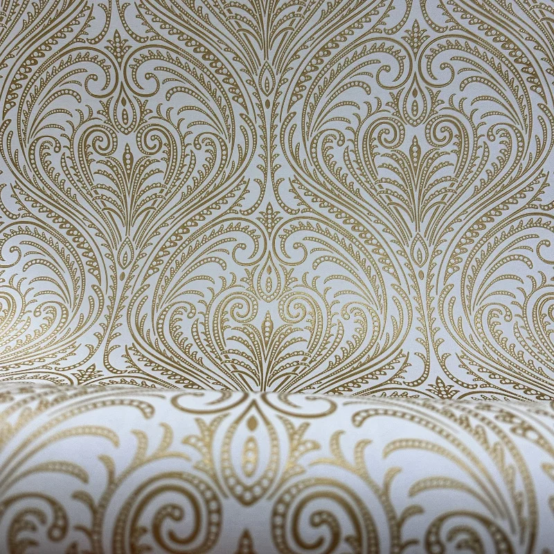 

Bedroom or Living Room Wall Decoration Wall Paper Gold and white Luxury Damask Embossed Texture Vinyl Wallpaper Roll - Washable