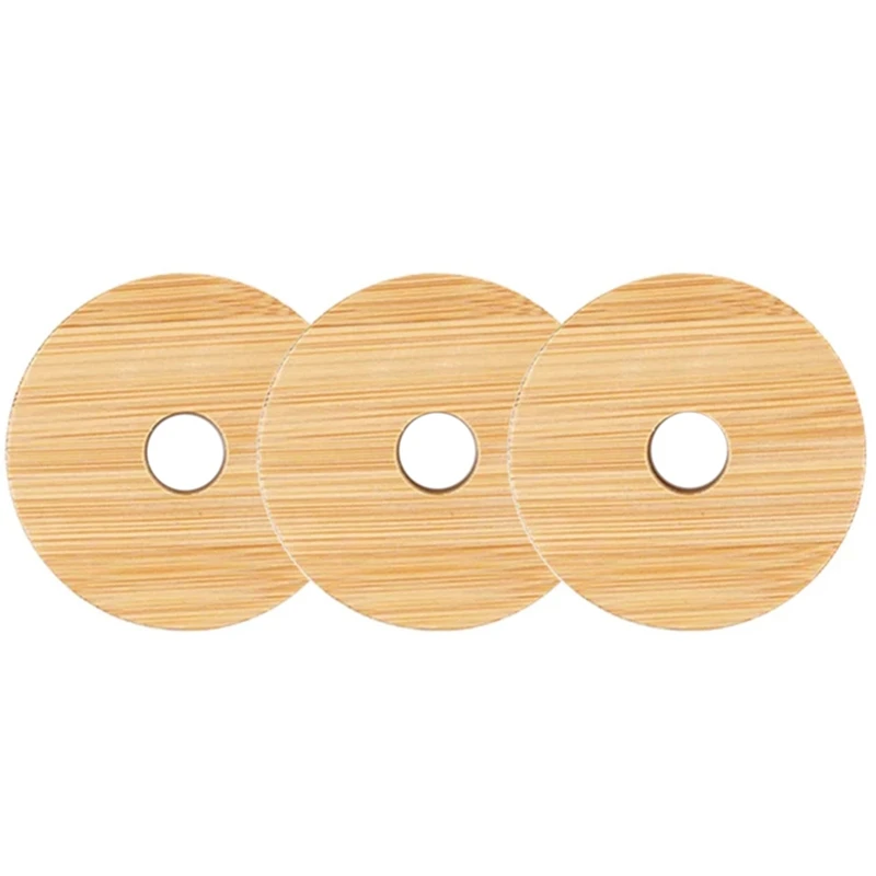 

3Pcs 70mm Reusable Bamboo Cap Lids with Straw Hole Sealing Gasket for Mason Jars Drinking Jars Covers Kitchen Supplies