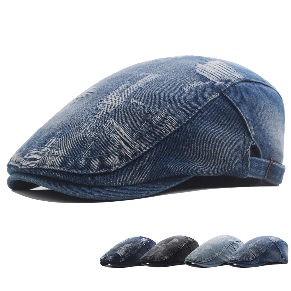 

Fashion Denim Solid Beret Newsboy Caps Breathable Sunshade Men Cotton Flat Peaked Cap Outdoor Sporty Women Painter Hats