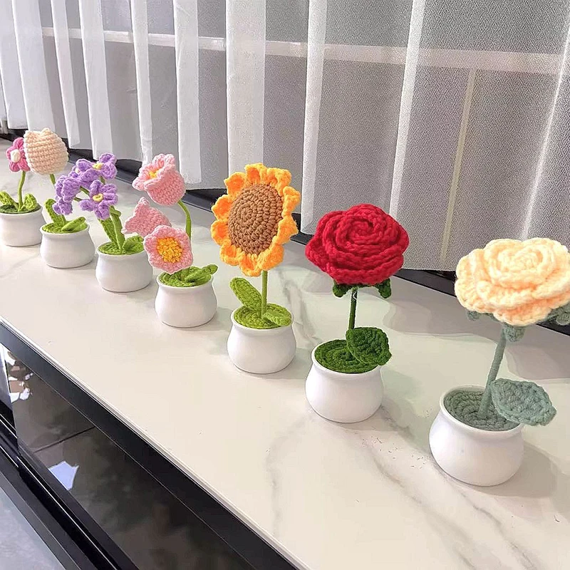 

Hand-knitted Sunflower Tuilp Rose Daisy Artificial Flower Homemade Crochet Flowers Potted Plants Car Home Desktop Decoration