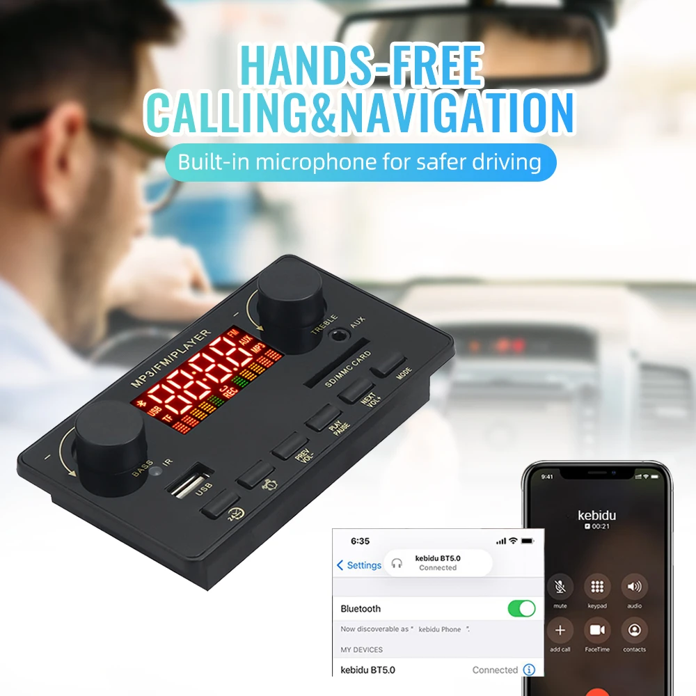 2*40W 80W Amplifier Bluetooth 5.0 MP3 Player WAV Decoder Board 12V Car FM Radio Module Support TF USB AUX Handsfree Call Record