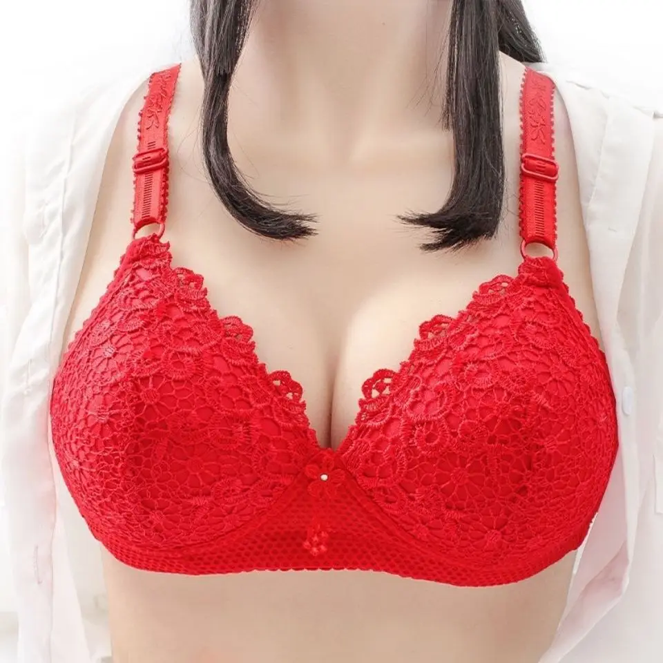 

Large Size Gather Push Up Sexy Lace Women Wire Free Bra Thin Breathable Underwear Female Embroidery Solid Color Rimless Bras