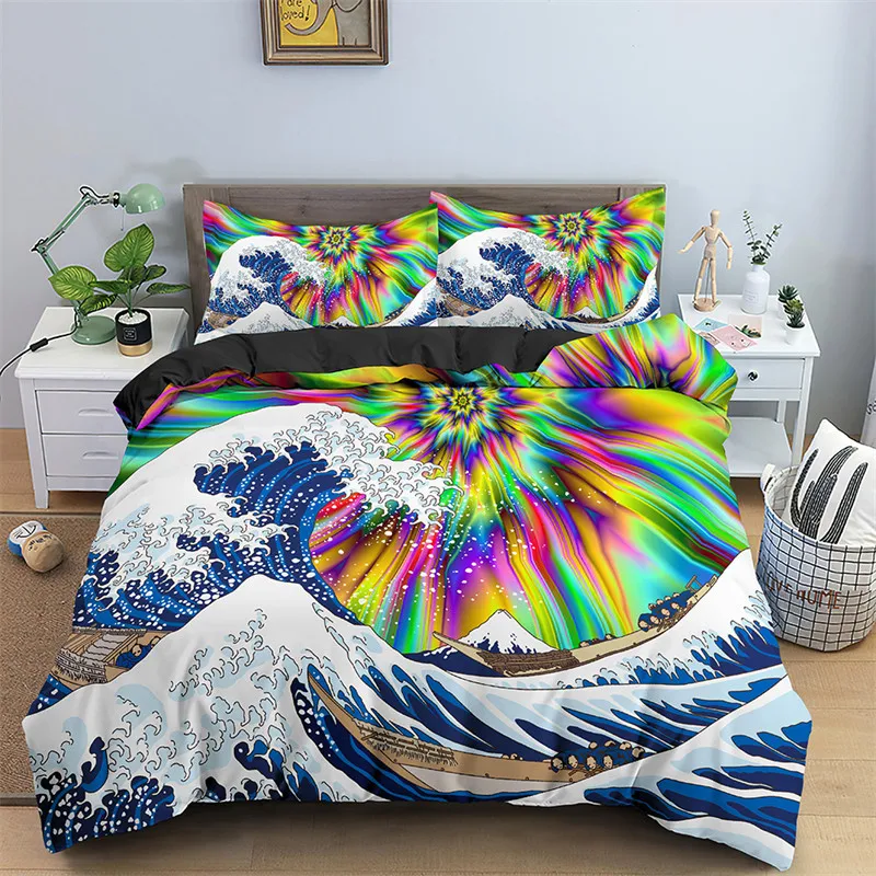 

Hawaiian Tropical Print Comforter Cover Pillowcases Ocean Waves Bedding Set Queen Size Soft Summer Sea Beach Cover Set