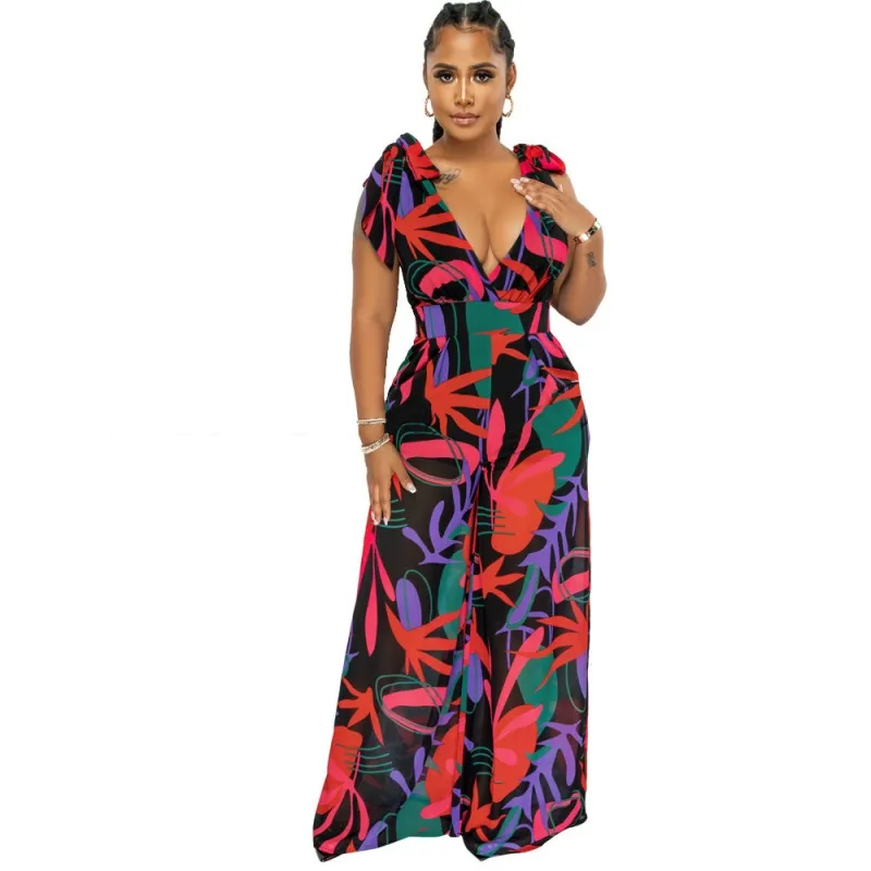 

Wide Leg Pants Jumpsuit Women Lace Up Spaghetti Strap V Neck Playsuit Summer New Fashion Print Street Style Sexy Jumpsuits 2022