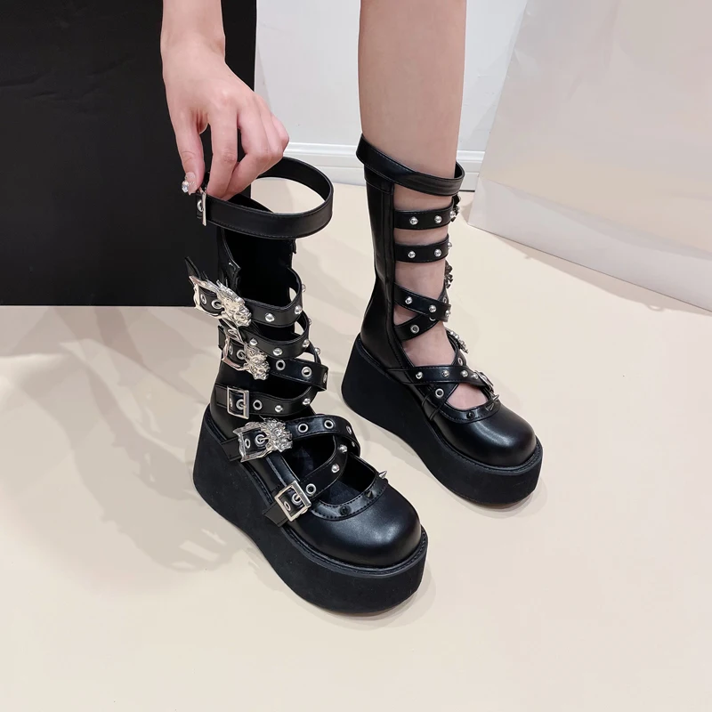

Ankle Boots Heels Women Black Round Toe Platform Wedges Shoes Autumn Rivet Cross Buckle Long Boots Chunky Shoes Botas Feminina