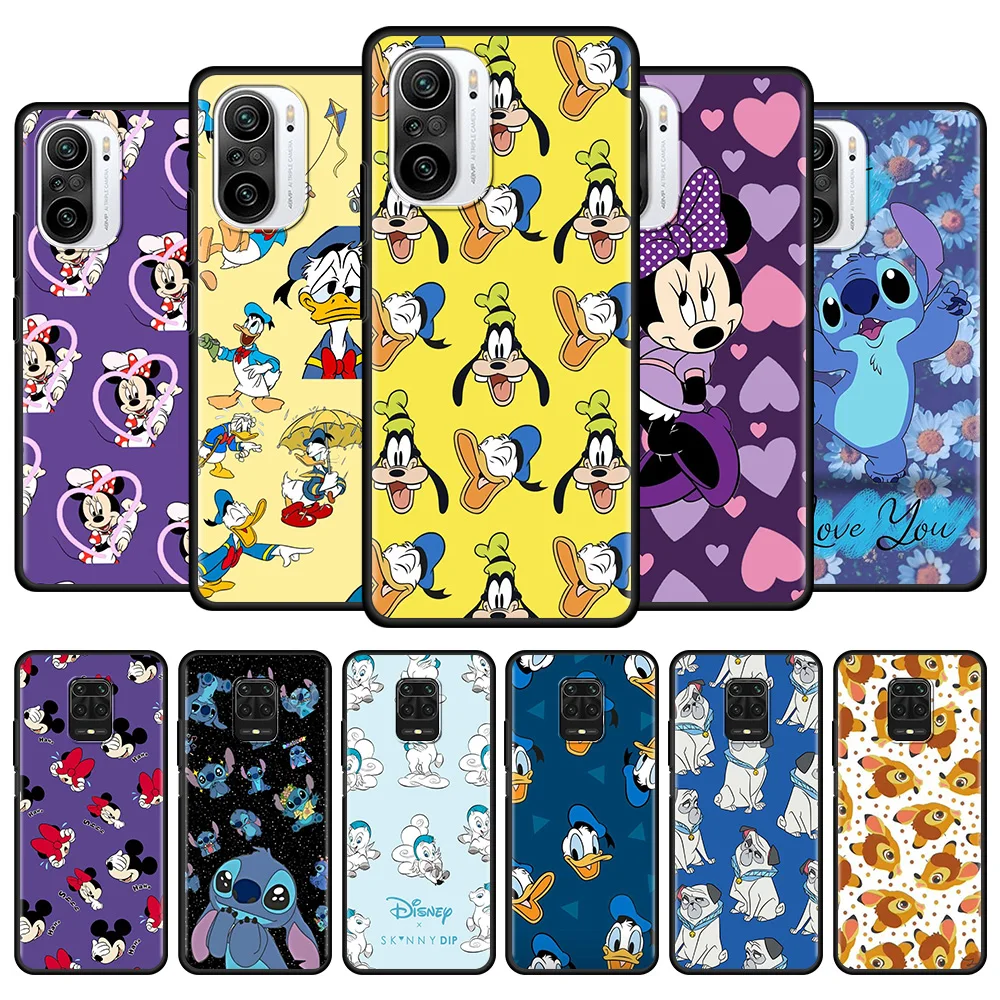 

Silicone Case For Xiaomi Redmi Note 10 8 Pro Max 9S 9T 8 7 Black Coque 8 2021 Shockproof Fitted Fundas Mickey and Donald