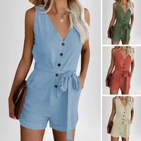 womens rompers new casual solid color v neck bow five buttons decoration sexy off shoulder plus size five point one piece pants