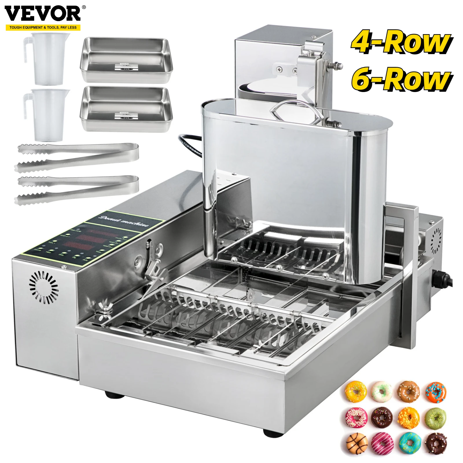 VEVOR Commercial 4/6 Rows Automatic Donut Making Machine Stainless Steel Auto Doughnut Maker Fryer Cooking Kitchen Appliances