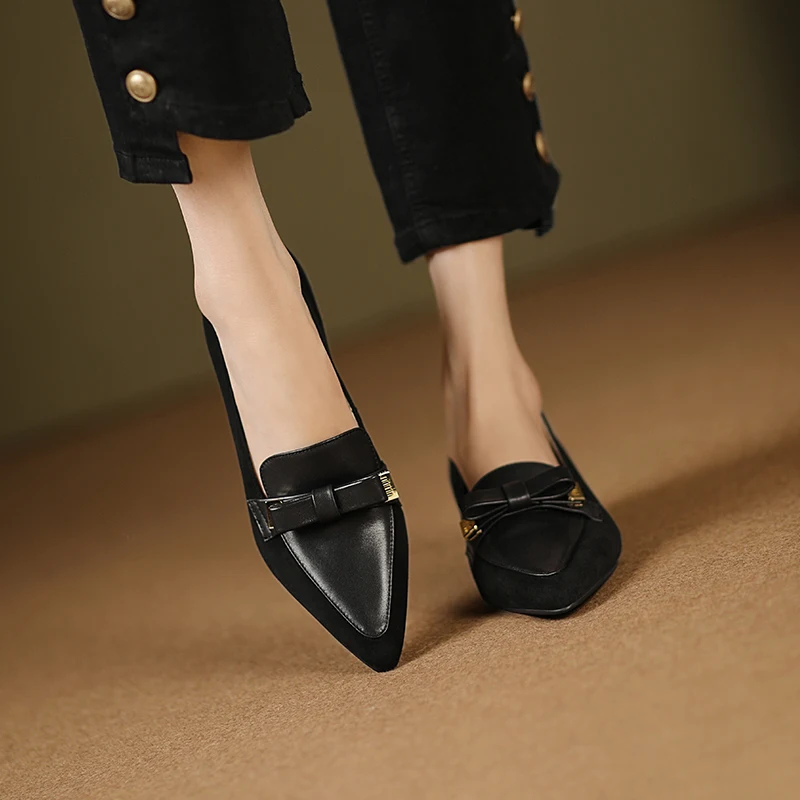 Pointed spring and autumn women's shoes stitching sheepskin bow square heel thick heel high heel zipper women's shoes