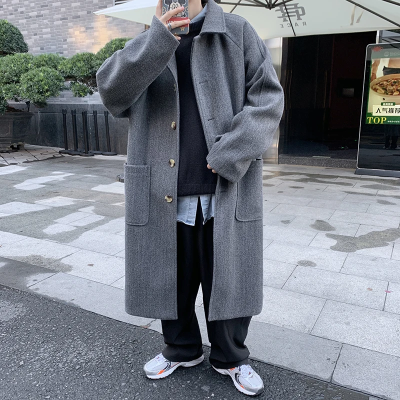 

Winter Thickened Woolen Coat Men Warm Fashion Oversized Long Woolen Coat Men Korean Loose Thick Woolen Trench Coat Mens Overcoat