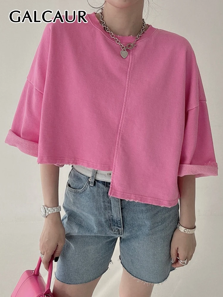 

GALCAUR Asymmetrical T Shirts For Women Round Neck Short Sleeve Irregular Hem Loose Solid Folds Pullover T Shirt Female Summer