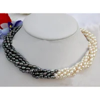 Favorite Pearl Jewelry,6 Strands 17'' 5-7mm Rice Black White Freshwater Pearl Necklace,Charming Wedding Party Birthday Lady Gift