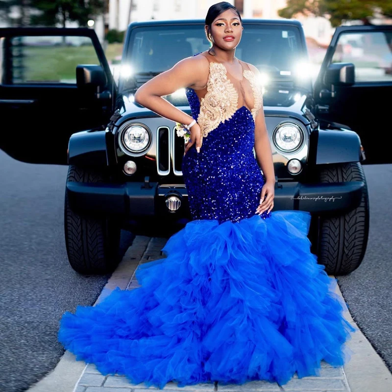 

Royal Blue Mermaid Prom Dresses Luxury Gold Lace Top Gillter Sequined Evening Gown Tiere Tulle Bottom Vestido De Robes