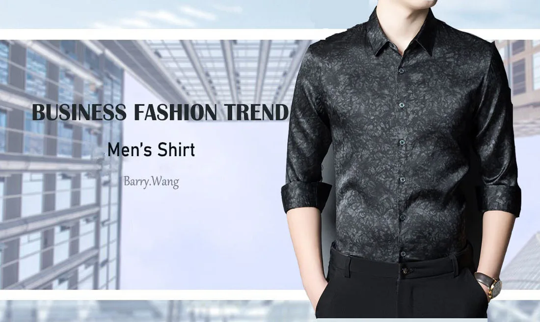 Spring Autumn Men Silk Shirt New Style Black Floral Men Long Sleeve Shirt Turn-Down Collar Casual Fit Party Busines Barry.Wang