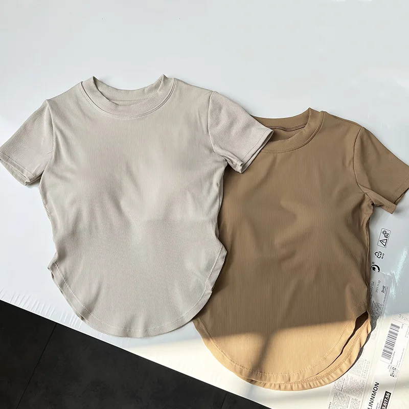 LU Sport Top Woman Ribbed Short Sleeve T Shirts Blouse Solid Padded Waist Open Sports Crop Tank Shirt Fitness Soft Gym T-shirts