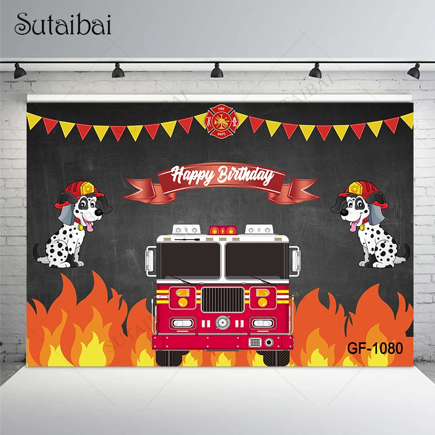 Baby Birthday Party Deco Photography Backdrop Flame Black Dot Dog Fire Engine Newborn Creative Family Shot Celebrate Photo Booth