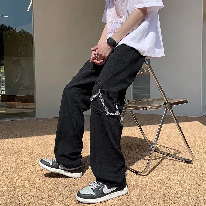 Chain Baggy Jeans Men Fashion Casual Wide Leg Jeans Men Streetwear Korean Loose Hip Hop Straight Denim Pants Mens Trousers M-2XL