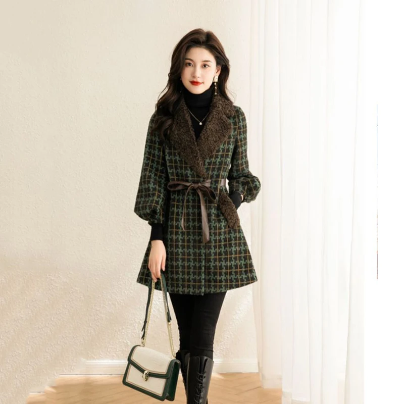 Женское шерстяное пальто 2024Новая осенне-зимняя решетчатая шерстяная куртка