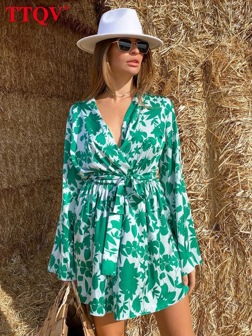 

TTQV Fashion Green Floral Print Women'S Dress Elegant V-Neck Long Sleeve Dresses Casual Lace-Up Mini Dresses Female Clothing