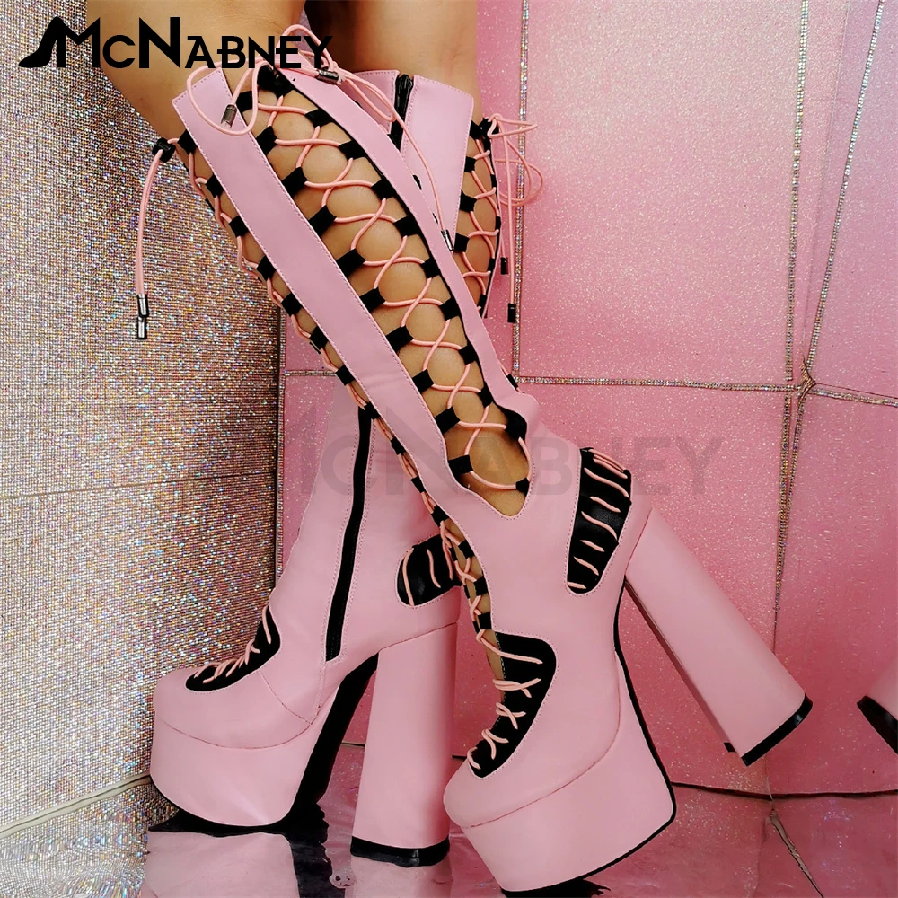 Pink and Black Mixed Color Knee Boots Lolita Style Sexy Women High Heels Platform Thick Heel Summer Boots Lace-Up Boots Sandals