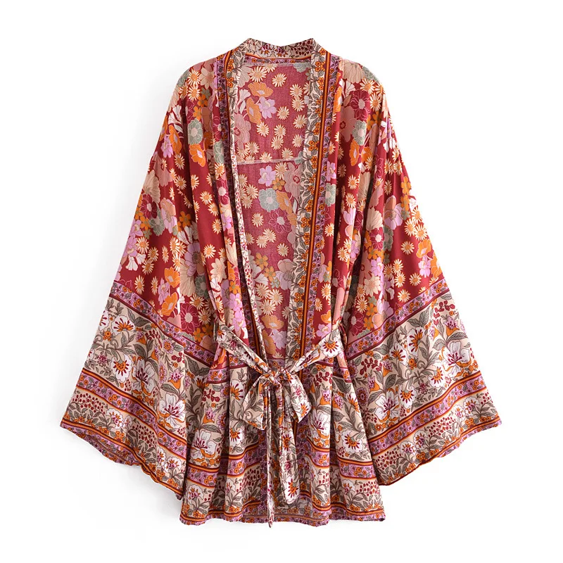 

Women Print Floral Kimono Robe Bohemian Style Bathrobe Sexy Cardigan Nightdress Bat Sleeve Bath Vacation Home Wear With Belt