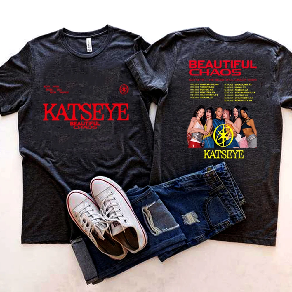 Фото Ретро футболка Katseye спереди и сзади с принтом K-Pop Katseye Красивая рубашка Chaos Y2k Kpop Gabriela Хип-хоп Homage Уличная одежда Топы №3