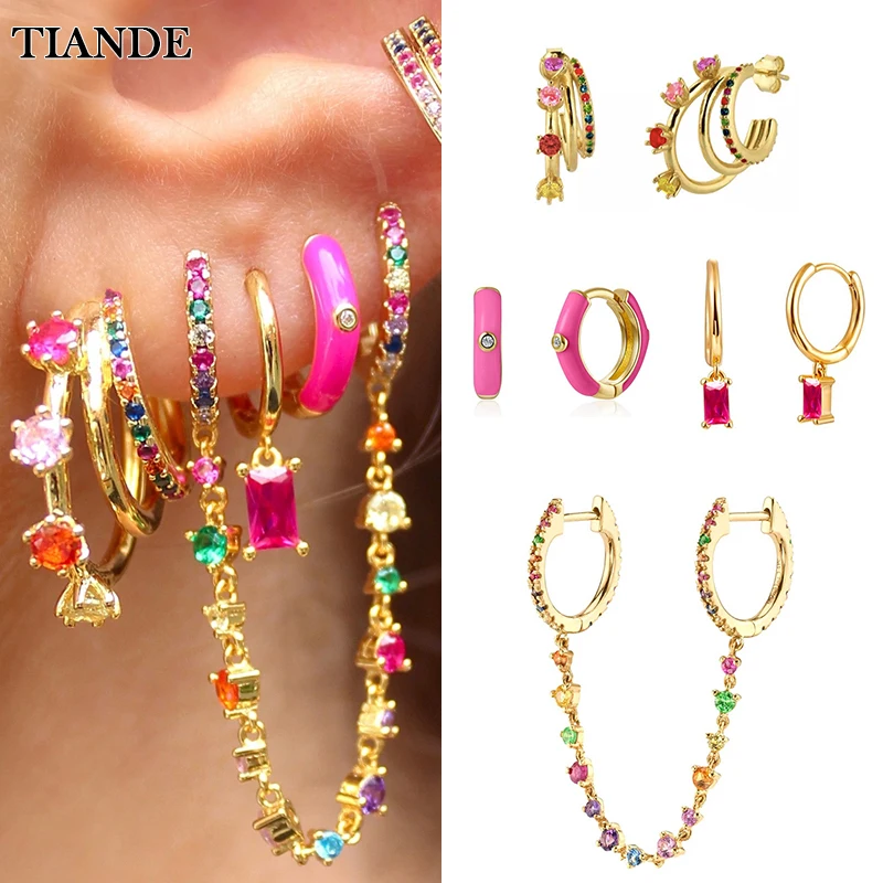 

TIANDE Silver Color Gold Plated Hoop Earrings for Women Colour Zircon Enamel Piercing Stud Dangle Earring 2022 Jewelry Wholesale