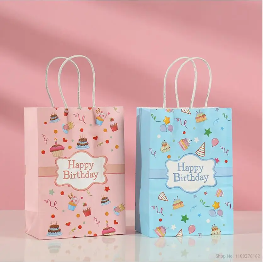 

24pcs Pink Blue Kraft Paper Birthday Gift Bag Party Guest Present Packaging Bag With Handle