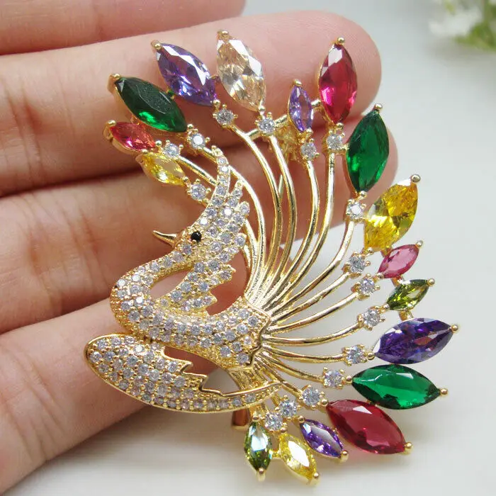 

Gold Tone Open Screen Peacock Bird Brooch Pin Multi-color Zircon Crystal Gifts