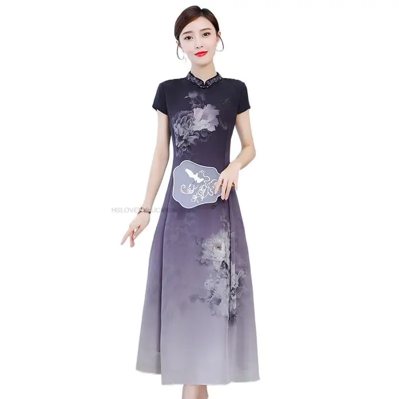 

Chinese Dress Qipao National Women Chiffon Cheongsam Oriental Flower Print Dress Evening Party Gown Oriental Aodai Dress P1