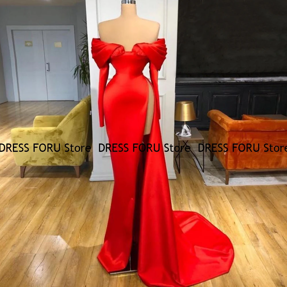 

Pmwrun Long Sleeve Satin Prom Dress High Slit Sweep Train Sweetheat Sexy Evening Pageant Gown Off Shoulder Vestidos Fiesta 2023