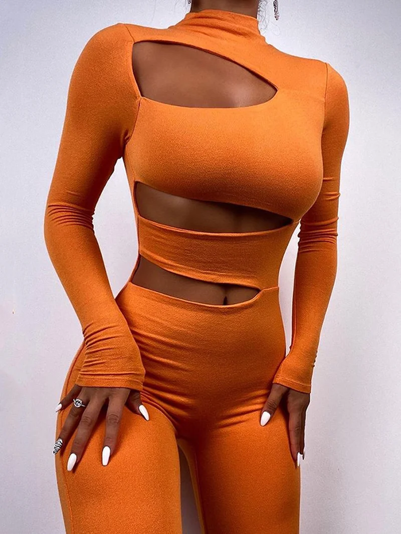 

2022 Autumn Half High Collar Hollow Out Jumpsuit Sexy Long Sleeve Bodysuit Streetwear Female Night Club Outfits for Women Orange