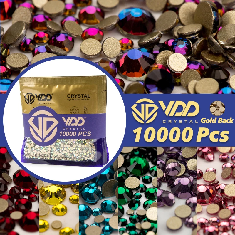 VDD 10000Pcs Wholesale High Quality Crystal Rhinestones Gold Flat Back Glass Non Hotfix Strass Stones DIY Nail Art Accessories