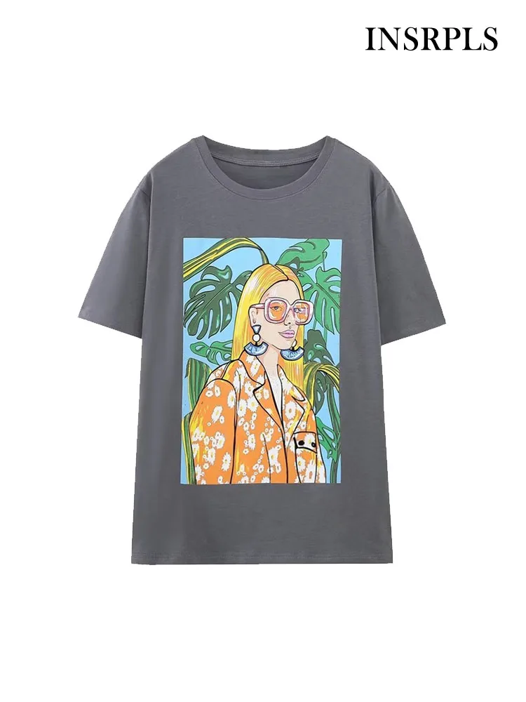 

INSRPLS Women Fashion Girl Print Loose T Shirt Vintage O Neck Short Sleeve Female Top Tees Mujer